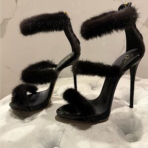 Giuseppe Zanotti Mink Black Fur Strap Heels Size 37